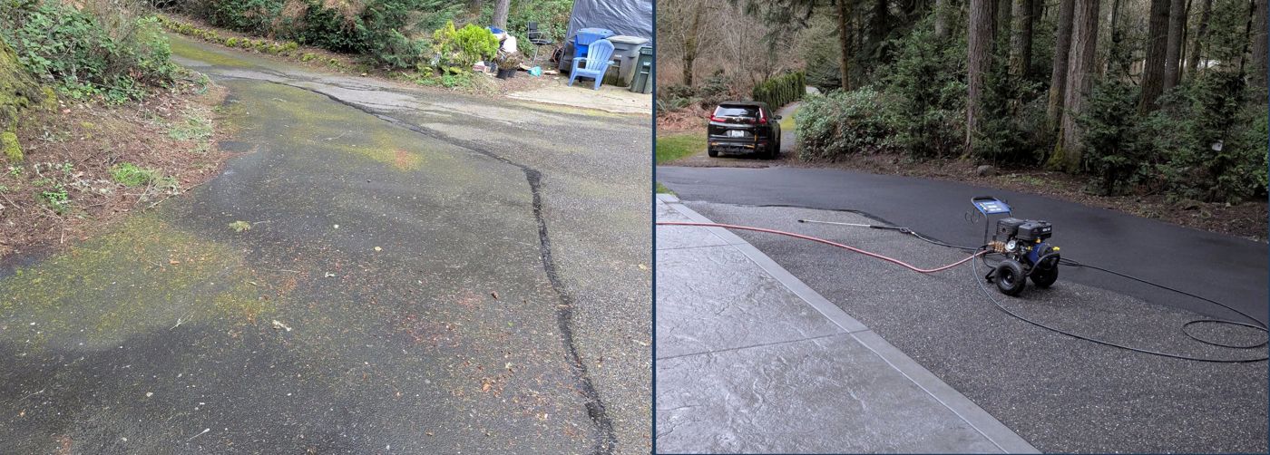 Asphalt lot before and after cleaning